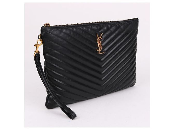 Saint Laurent Clutch Bag New Medium in chevron nero e metallo dorato - vista 4