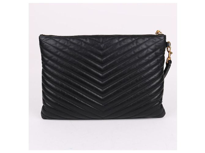 Saint Laurent Clutch Bag New Medium in chevron nero e metallo dorato - vista 5
