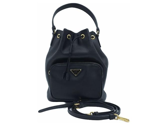 Prada Mini borsa bucket in pelle Duet Triangle Logo Nera Nero - vista 11