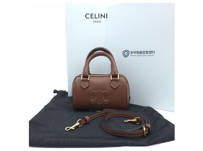Céline Mini Boston Smooth Calfskin Triumph Tote Bag Crossbody Shoulder Bag Tan Marrone - vista 10