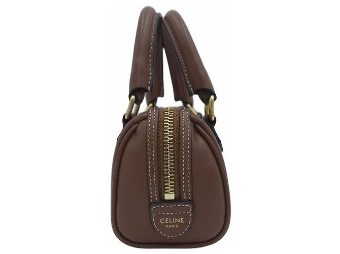 Céline Mini Boston Smooth Calfskin Triumph Tote Bag Crossbody Shoulder Bag Tan Marrone - vista 12