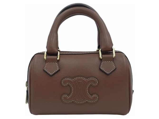 Céline Mini Boston Smooth Calfskin Triumph Tote Bag Crossbody Shoulder Bag Tan Marrone - vista 2