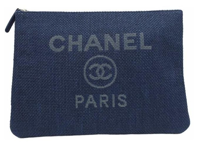 Chanel Deauville Medium Canvas Pouch Clutch Bag Case Navy Blau - Ansicht 10