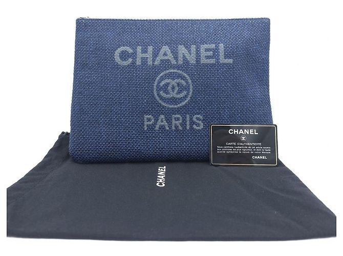 Chanel Deauville Medium Canvas Pouch Clutch Bag Case Navy Blau - Ansicht 9