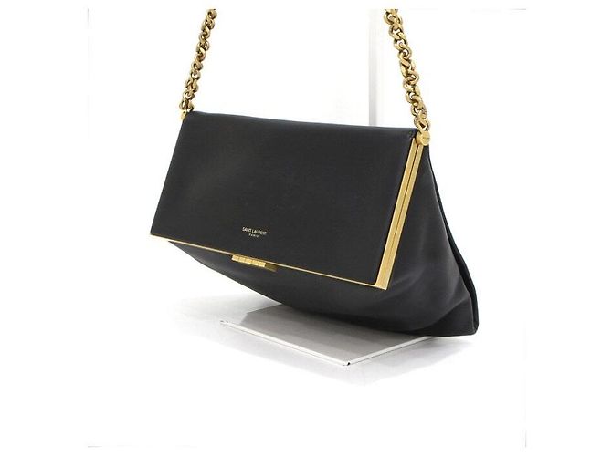 Saint Laurent Sac Tote et épaule moyen en cuir lisse noir avec chaîne - vue 3