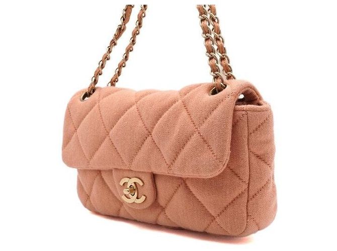 Chanel Mini borsa a tracolla con patta e catena in tela jersey rosa - vista 2