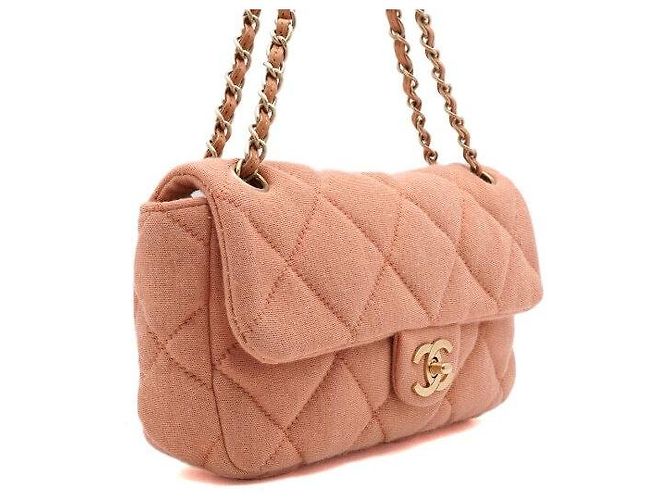 Chanel Mini borsa a tracolla con patta e catena in tela jersey rosa - vista 3