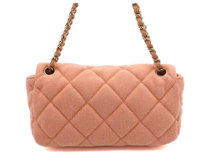 Chanel Mini borsa a tracolla con patta e catena in tela jersey rosa - vista 4