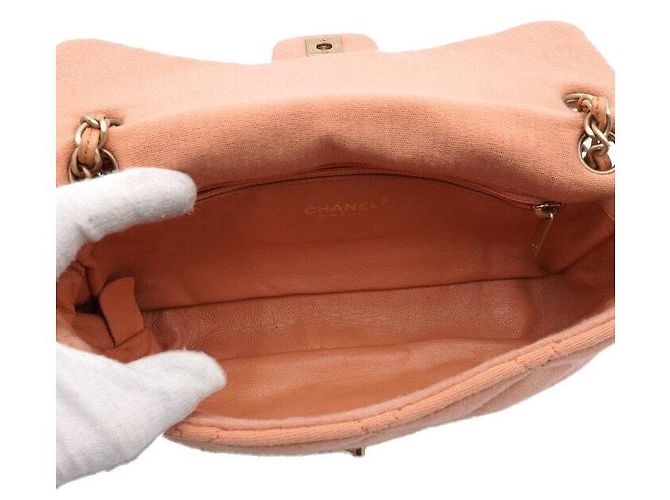 Chanel Mini borsa a tracolla con patta e catena in tela jersey rosa - vista 5