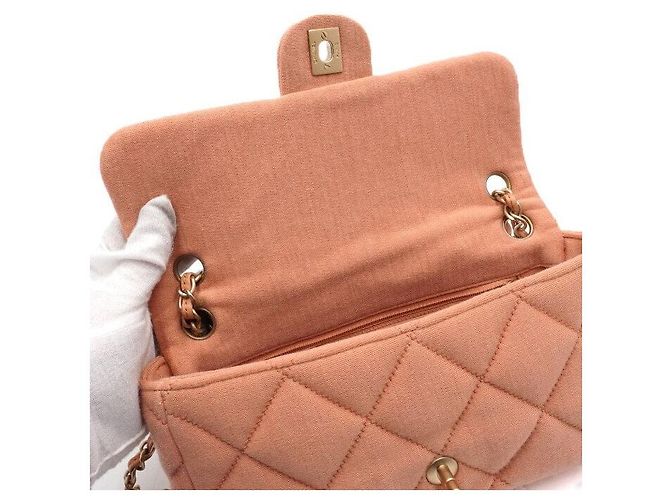 Chanel Mini borsa a tracolla con patta e catena in tela jersey rosa - vista 6