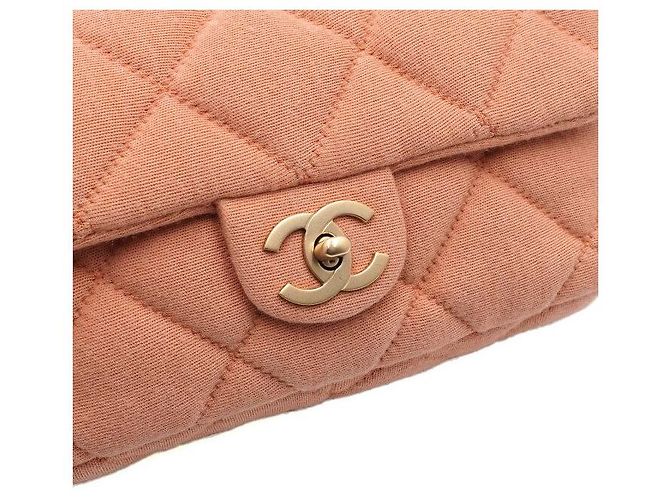 Chanel Mini borsa a tracolla con patta e catena in tela jersey rosa - vista 8