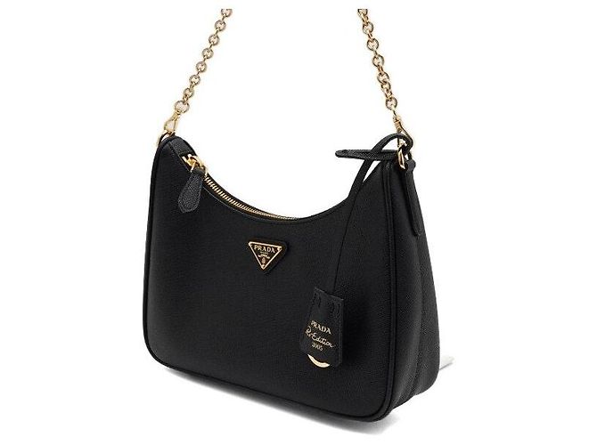 Prada Sac Hobo Multi Re-Edition en Saffiano Noir avec Chaîne Dorée, Sac à Épaule et Bandoulière - vue 2