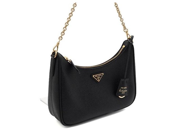 Prada Sac Hobo Multi Re-Edition en Saffiano Noir avec Chaîne Dorée, Sac à Épaule et Bandoulière - vue 3
