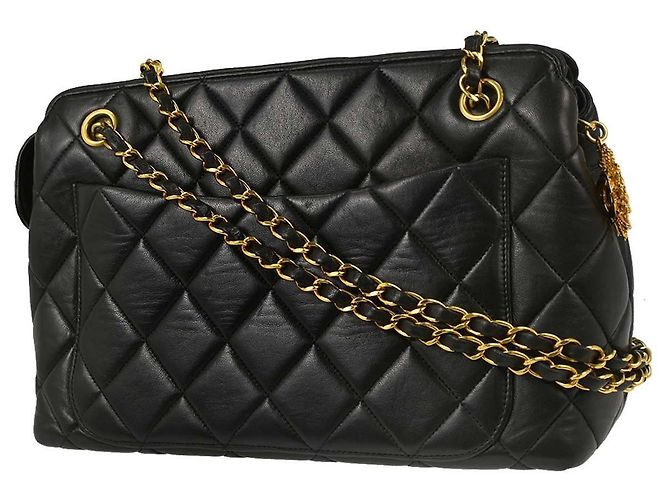 Chanel Vintage Chain Tote Quilted Lambskin Medium Nero - vista 2