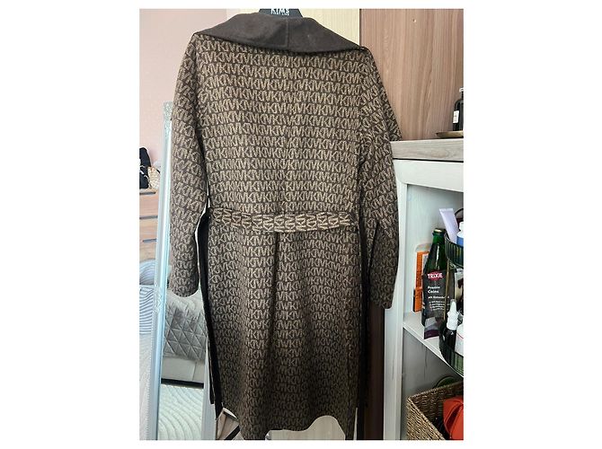 Michael Kors Wool Blend Logo Jacquard Wrap Belted Brown  Coat size L Monogram - view 2
