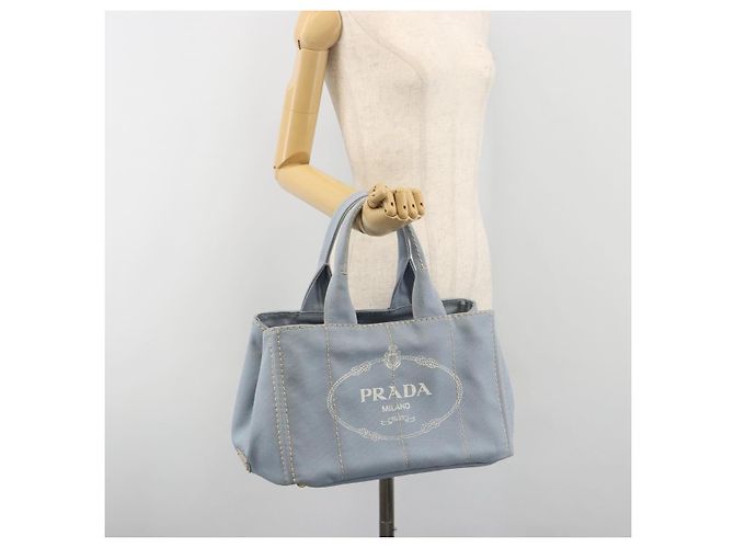 Borsa a Mano PRADA Canapa MM Canvas Azzurro Oro Auth 195671A D'oro Blu chiaro - vista 26