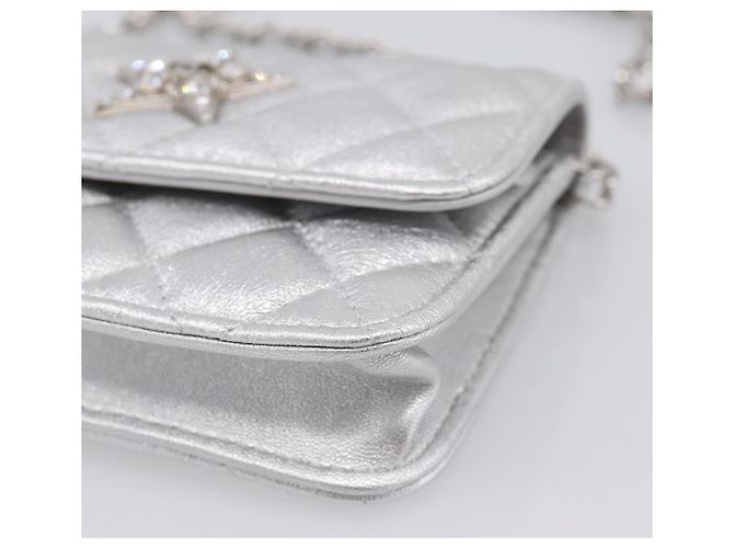 CHANEL Chain Shoulder Pouch Matelasse Leather Silver CC Auth 195507M Silvery - view 10