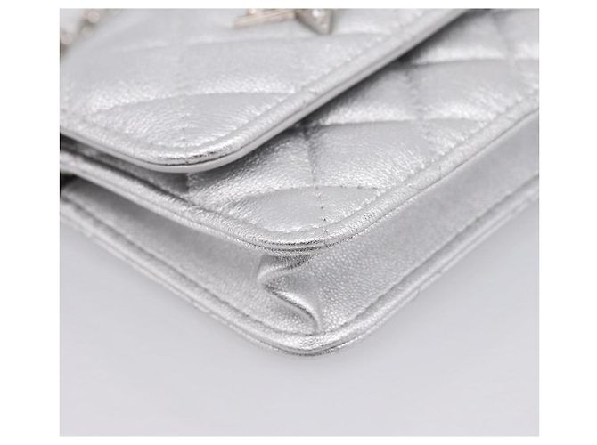 CHANEL Chain Shoulder Pouch Matelasse Leather Silver CC Auth 195507M Silvery - view 11