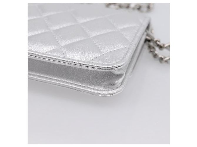 CHANEL Chain Shoulder Pouch Matelasse Leather Silver CC Auth 195507M Silvery - view 12