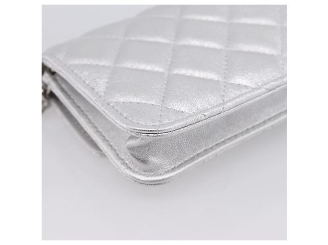 CHANEL Chain Shoulder Pouch Matelasse Leather Silver CC Auth 195507M Silvery - view 13