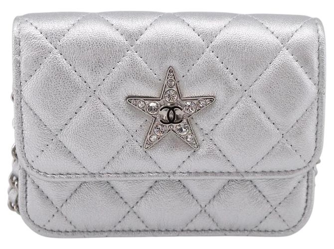 CHANEL Chain Shoulder Pouch Matelasse Leather Silver CC Auth 195507M Silvery - view 2