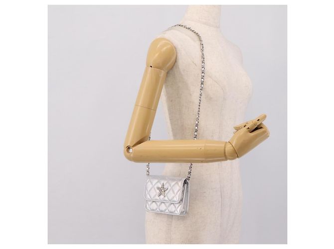 CHANEL Chain Shoulder Pouch Matelasse Leather Silver CC Auth 195507M Silvery - view 20