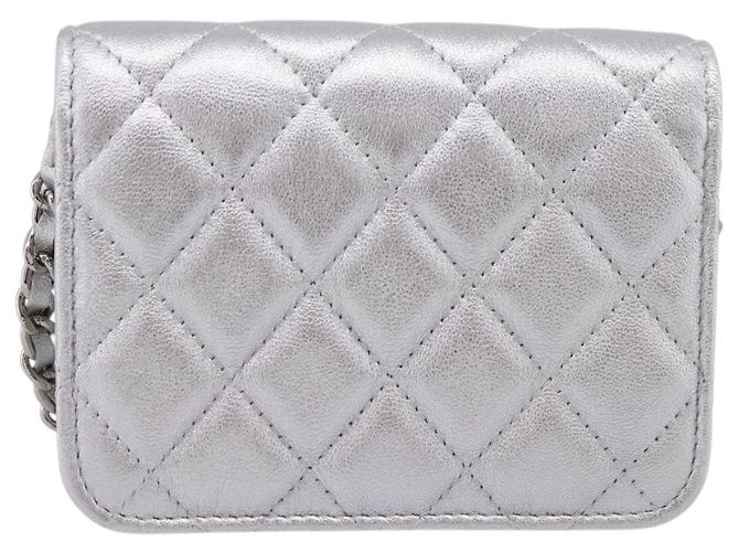 CHANEL Chain Shoulder Pouch Matelasse Leather Silver CC Auth 195507M Silvery - view 3
