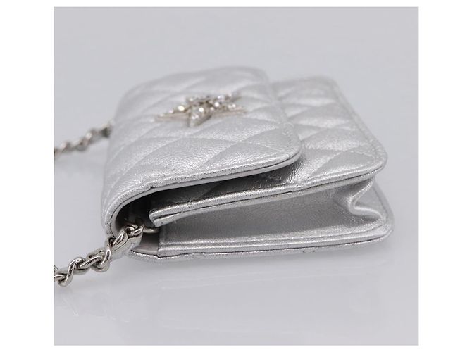 CHANEL Chain Shoulder Pouch Matelasse Leather Silver CC Auth 195507M Silvery - view 4