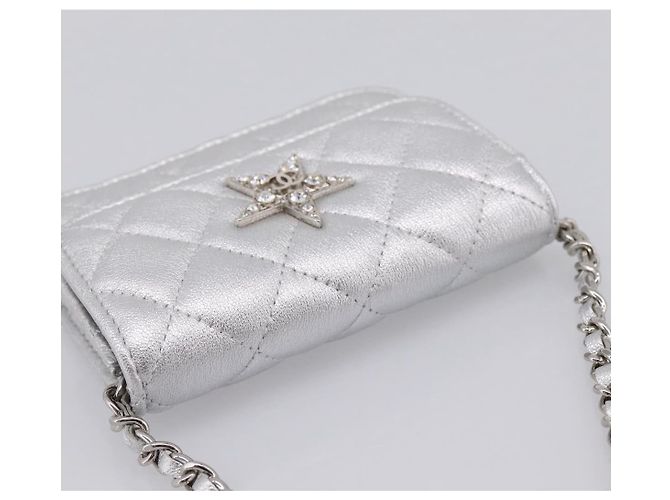 CHANEL Chain Shoulder Pouch Matelasse Leather Silver CC Auth 195507M Silvery - view 6