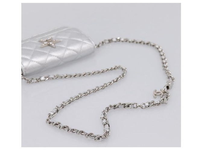CHANEL Chain Shoulder Pouch Matelasse Leather Silver CC Auth 195507M Silvery - view 7
