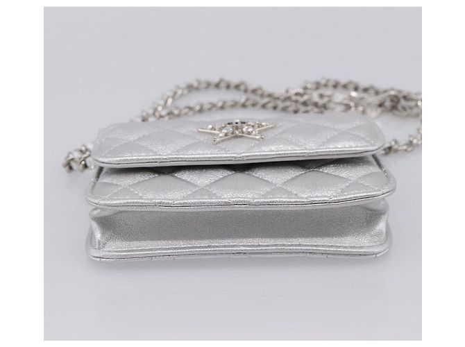 CHANEL Chain Shoulder Pouch Matelasse Leather Silver CC Auth 195507M Silvery - view 9