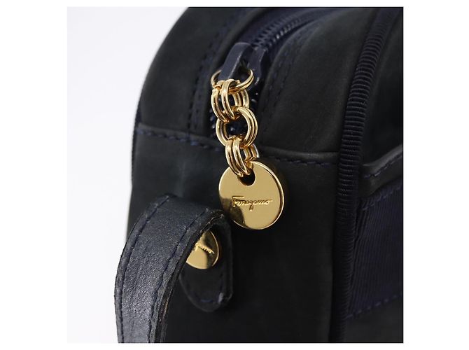 Bolsa de Ombro Salvatore Ferragamo Vala em Camurça Navy Gold Auth ka5596 Dourado Azul marinho - vista 15