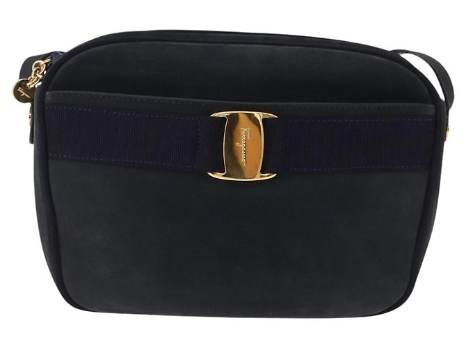 Bolsa de Ombro Salvatore Ferragamo Vala em Camurça Navy Gold Auth ka5596 Dourado Azul marinho - vista 2