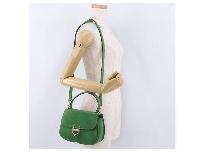 Céline Borsa a mano CELINE Suede 2way Green Gold Auth 196243 D'oro Verde - vista 27
