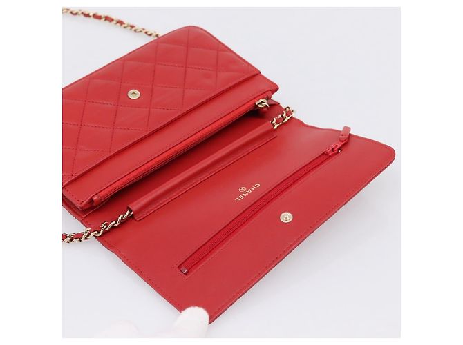 Portafoglio a catena CHANEL Matelasse Double Piece in pelle d'agnello rosso e oro CC Auth 196801SAM D'oro - vista 15