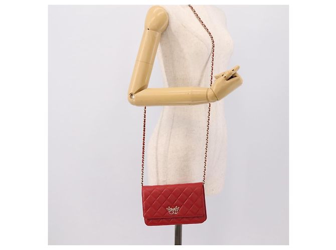 Portafoglio a catena CHANEL Matelasse Double Piece in pelle d'agnello rosso e oro CC Auth 196801SAM D'oro - vista 27