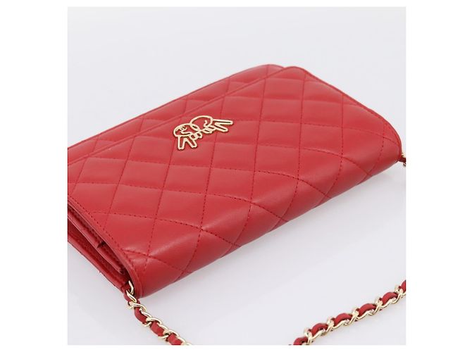 Portafoglio a catena CHANEL Matelasse Double Piece in pelle d'agnello rosso e oro CC Auth 196801SAM D'oro - vista 6
