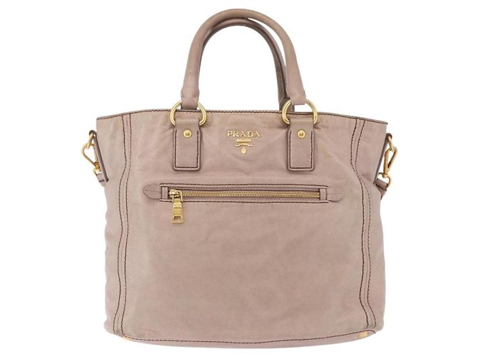 Borsa a mano PRADA in pelle 2way Beige Tono Oro Auth 195488 - vista 13