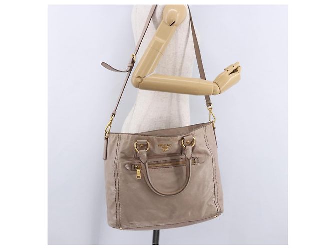 Borsa a mano PRADA in pelle 2way Beige Tono Oro Auth 195488 - vista 28
