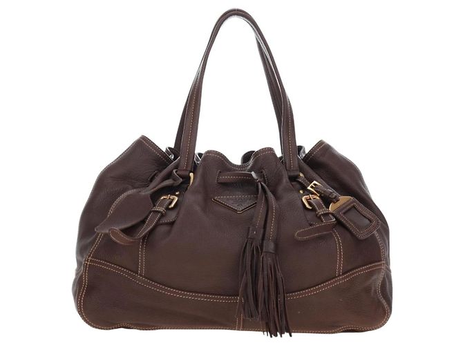 Borsa Tote PRADA in pelle marrone tono oro Auth 195768M - vista 13