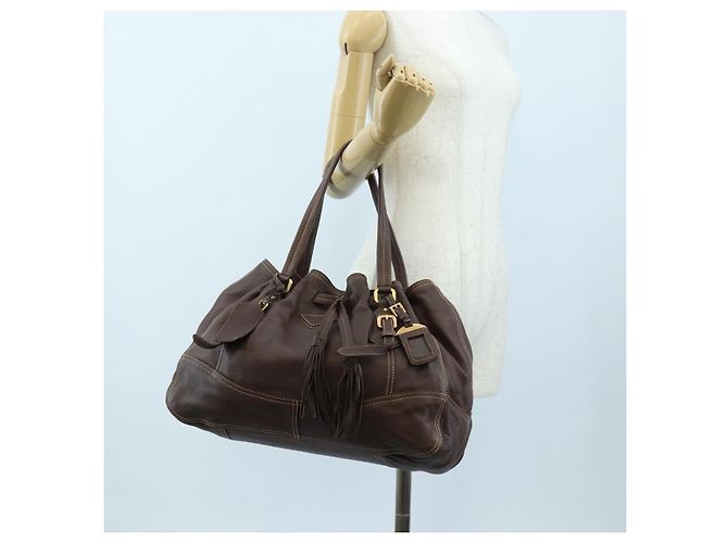 Borsa Tote PRADA in pelle marrone tono oro Auth 195768M - vista 30