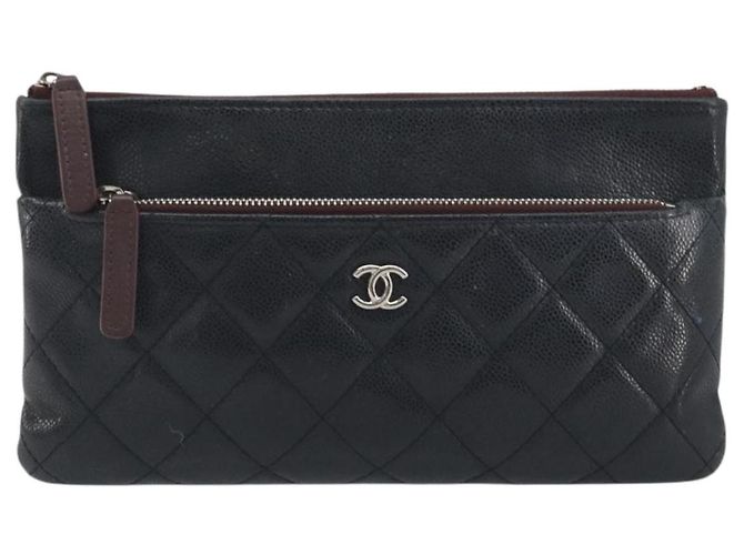 Borsa Clutch CHANEL Pelle Caviar Navy Silver CC Auth bs36769 Argento Blu navy - vista 2