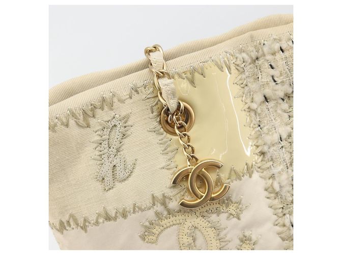 Borsa Tote CHANEL Patchwork Chain Tweed Ivory Gold CC Auth 195106SM D'oro Crudo - vista 15