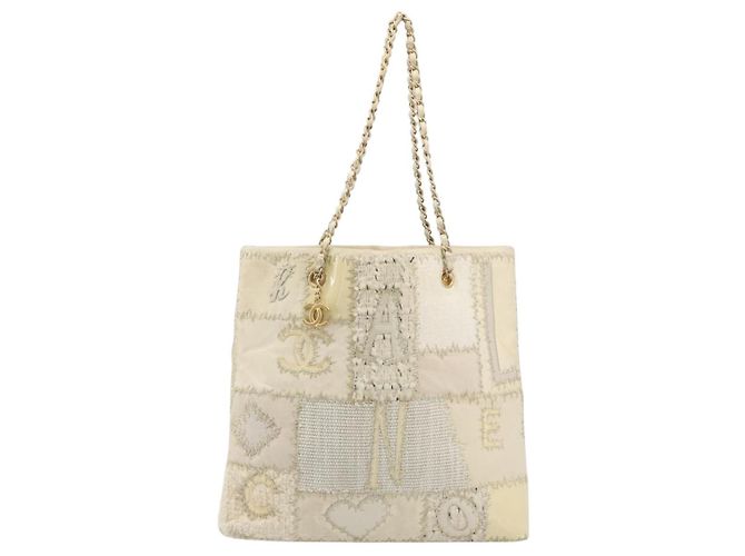 Borsa Tote CHANEL Patchwork Chain Tweed Ivory Gold CC Auth 195106SM D'oro Crudo - vista 2