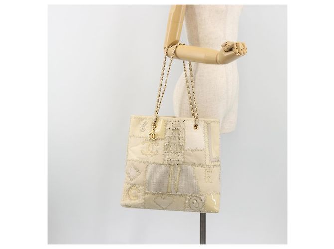 Borsa Tote CHANEL Patchwork Chain Tweed Ivory Gold CC Auth 195106SM D'oro Crudo - vista 24