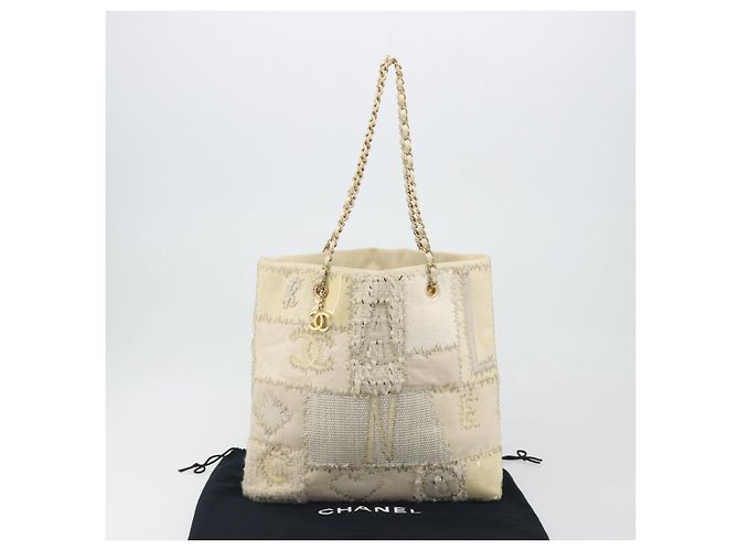 Borsa Tote CHANEL Patchwork Chain Tweed Ivory Gold CC Auth 195106SM D'oro Crudo - vista 25
