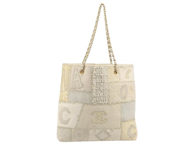 Borsa Tote CHANEL Patchwork Chain Tweed Ivory Gold CC Auth 195106SM D'oro Crudo - vista 3
