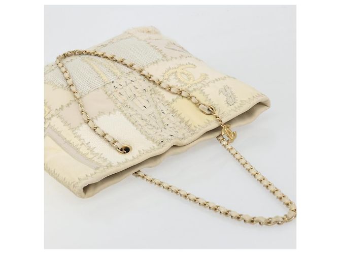 Borsa Tote CHANEL Patchwork Chain Tweed Ivory Gold CC Auth 195106SM D'oro Crudo - vista 6