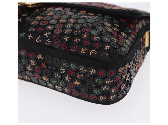 Borsa a tracolla FENDI Mamma Baguette Nylon e Paillettes 2 vie Marrone Oro Auth 196362SM D'oro - vista 11