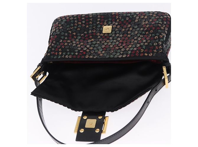 Borsa a tracolla FENDI Mamma Baguette Nylon e Paillettes 2 vie Marrone Oro Auth 196362SM D'oro - vista 17